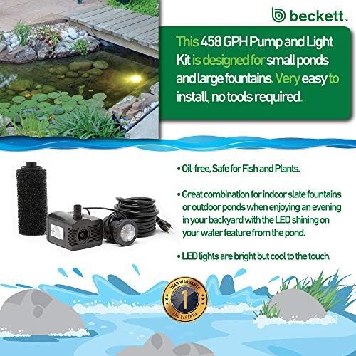 Beckett Corporation LV450T 458 GPH Submersible LED Light-Water Pump for Indoor/Outdoor Ponds, Fountains, Fish Tanks, Aquariums, and Waterfalls, Black