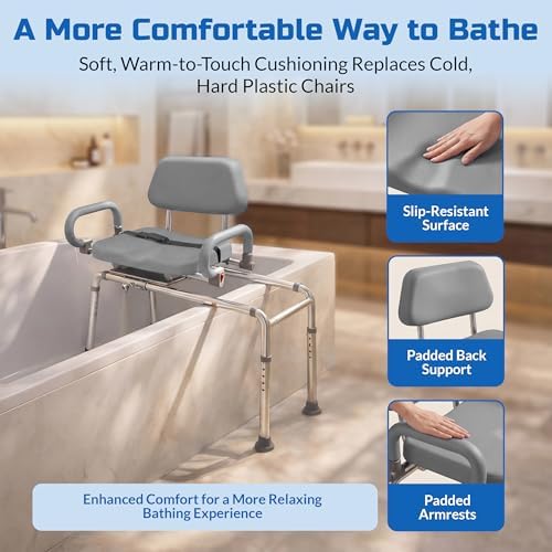 Carousel Sliding Shower Chair Tub Transfer Bench with Swivel Seat Elderly | Slide Safely In & Out of the Tub - Blue, padded seat, padded armrests, swivel seat, backrest, portable, tool-free assembly