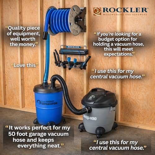 Rockler Wall Mount Vacuum Hose Reel Holds 40 ft 1-1/2 Inch Hose | Vacuum Hose Reel – Organized Hose Storage – Wall Mount Reel – Holds 40 ft