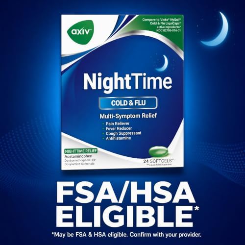 AXIV Nighttime Cold & Flu Relief Softgels, Multi-Symptom Nighttime Relief for Headache, Fever, Sore Throat, Minor Aches and Pains, Sneezing, Runny Nose, and Cough 24 Count