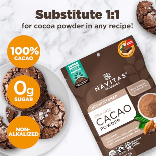 Navitas Organics Cacao Powder - Cocoa Powder Substitute 1:1, For Hot Chocolate, Baking & More - Regenerative Organic Certified, Non GMO, Fairtrade