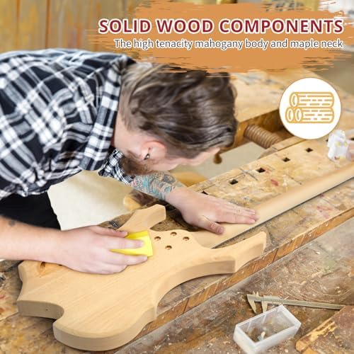 Ktaxon DIY Electric Guitar Kit, 44Inch DIY Bass Guitar Kit (KIB) | Mahogany Body, Solid Wood Fingerboard and Maple Neck, Easy Installation & All Accessories Included to Build Your Own Guitar
