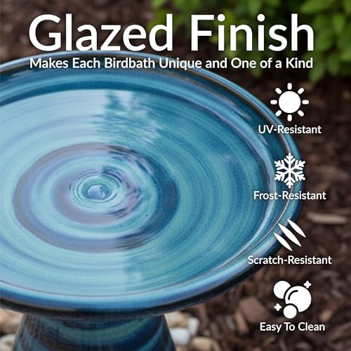 Sunnydaze Ceramic Bird Bath, Weather-Resistant Finish, 21” H, Galaxy Blue