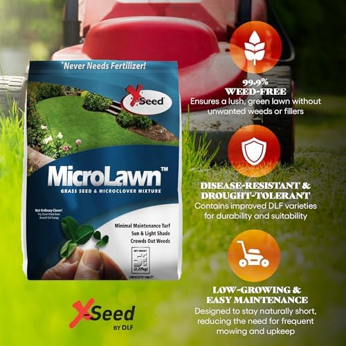 X-Seed Microlawn Grass Seed & Microclover Mix – Dense Self Feeding Lawn, Sun & Shade, Crowds Out Weeds, High Traffic, Drought-Resistant, 5 lb Bag