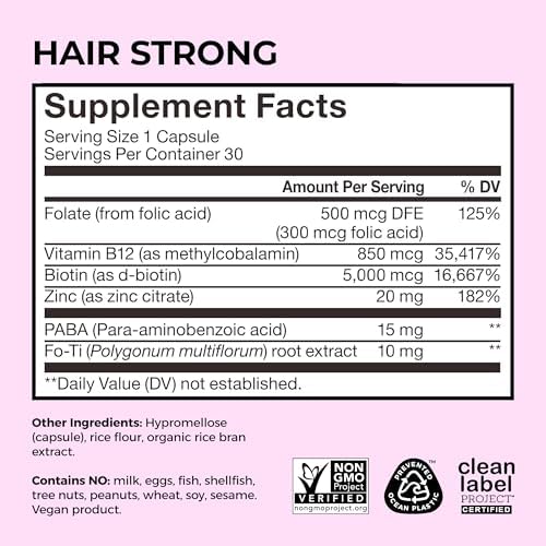 HUM Hair Strong Strawberry Gummies, Hair Growth Support, 60 Count | Folic Acid, Fo-Ti Root Extract, Biotin, Zinc & B12, Vegan Strawberry Gummies, Women & Men