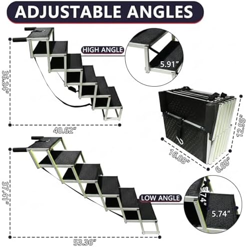 Dog Ramps for Small & Big Dogs Portable Folding Pet Stairs with Nonslip Surface Foldable Truck Ramp Stairs for Car, SUV and Trucks, Supports Up to 250LBS, 6 Steps