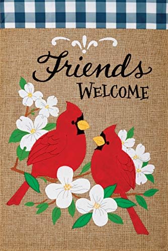 Custom Decor Cardinal Friends Welcome - Garden Size, Emboidered Burlap Applique Style, Double Sided Decorative Flag - Approx. 12 Inch X 17.98 Inch