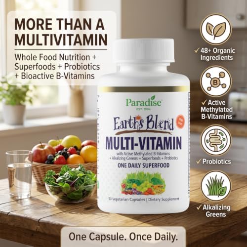 Paradise Herbs & Essentials Once Daily Multivitamin Iron 60 Capsules | Organic superfoods, probiotics, and vitamins A, B12, C, D, K2 in a dietary supplement for immune and bone support.