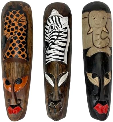 Set Of 3 African Wildlife Wooden Wall Masks | 19 In. Tall by 5 In. Wide, 2 In. Deep, Hand-Painted, Handcarved by Artisans, Fair Trade Item