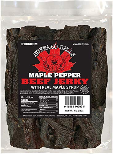 Buffalo Bills 16 Oz Premium Maple Beef Jerky Peppered Pieces in Random Size | Made In The USA, 100% US Beef, USDA Inspected, Whole Muscle Jerky, Real Maple Syrup & Fresh Cracked Black Pepper, Diet Snack