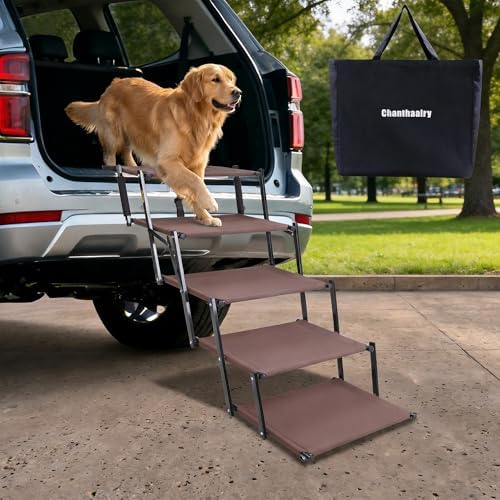 Dog Stairs for Car, 5 Steps Extra Wide Dog Ramps for Large Dogs, Foldable Lightweight Pet Steps for High SUV Truck Bed Couch