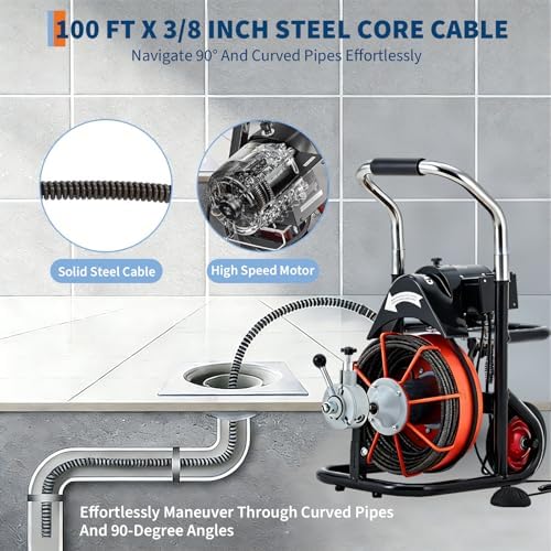 100FT x 3/8 Inch Drain Cleaning Machine with 10 Cutters & Air-Activated Foot Switch, Auto Feed Drain Snake Auger on Wheels