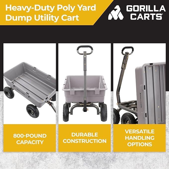 Gorilla Carts Poly Garden Dump Garden Cart with Easy to Assemble Steel Frame, Camping Wagon with Quick Release System, 1200 Pound Capacity, and 13 Inch Tires | 1,200-lb Capacity, 6 Cu Ft Tub Poly Dump Cart with Quick-Release Dump for Bigger Yard Cleanup…