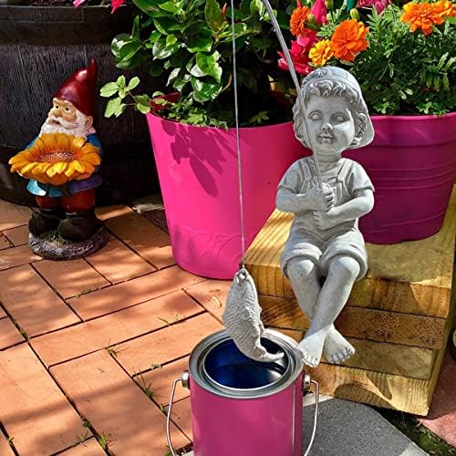 Goodeco Fisherboy Statue Garden Decor - 11" Little Fishing Guy for Koi Pond or Waterfalls, Poolside Statue with Glow in Dark Pebbles Included