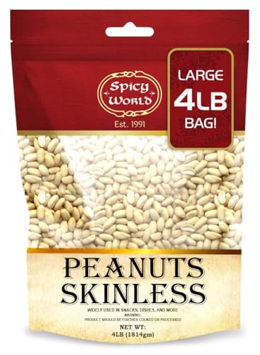 Spicy World Skinless Peanuts, Blanched Raw Peanuts (Uncooked, Unsalted) 4 Pound (64oz) ~ All Natural USA Grown