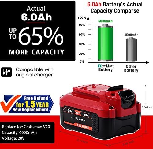TenHutt 【Upgrade】 2Pack 20V 6.0Ah Replacement Battery for Craftsman 20V Battery V20 Lithium ion for CMCB205 CMCB204 CMCB206 CMCB202 CMCB201 20V