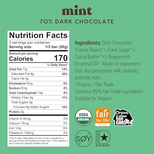 Theo Mint Organic Dark Chocolate Bar, 70% Cacao, 1 Bar | Vegan, Fair Trade