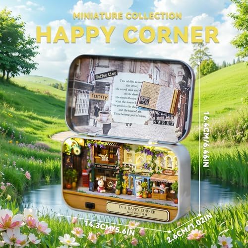 Flever Dollhouse Miniature DIY House Kit Creative Room with Furniture and Cover for Romantic Valentine's Gift(Happy Corner)