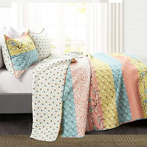 Lush Decor Royal Empire Reversible Cotton Quilt Set, 3 Piece Set Full/ Queen, Plum - Striped Bedding Set - Floral Quilt Queen Size - Purple Bedding - Boho Decor