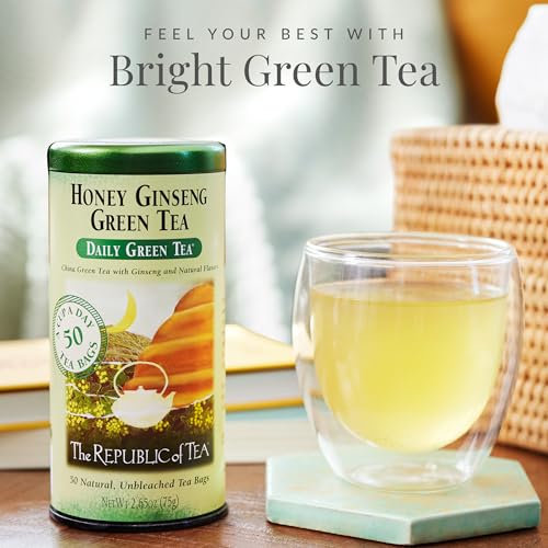 The Republic of Tea Daily Green Honey Ginseng Green Tea, 50 Count | Low Caffeine. A gentle cup for everyday sipping. Fresh with light vegetal notes. Gluten Free and Carb Free.