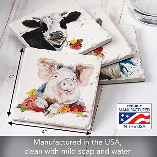 Thirstystone Fancy Farm Multi-Image Absorbent Stone Tumbled Tile Coaster 4 Pack with Protective Cork Backing Manufactured in The USA | 4" Square