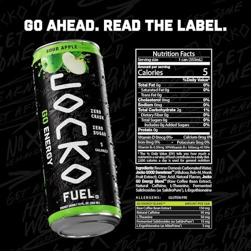 Jocko Fuel GO Energy Drinks, Sour Apple, 12 oz | 12 Pack
