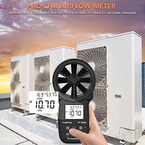 Holdpeak 866A Anemometer HVAC, Pro CFM Air Flow Meter for Wind Speed Temp Humidity Dew Point Airflow Measuring Device