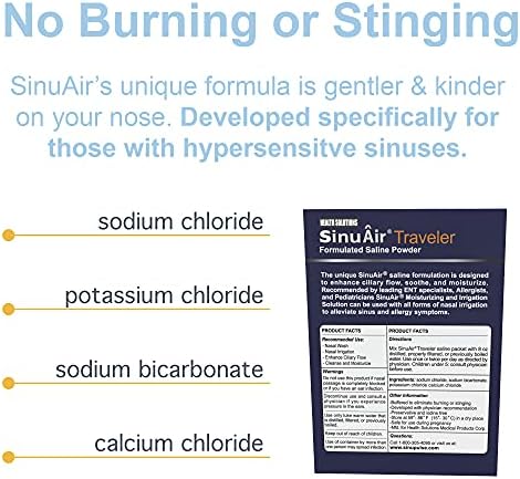 SinuAir Traveler Saline Packets - Sodium Chloride with Potassium & Calcium, Salt Solution Powder Refill Packs for Nasal Irrigation Machine