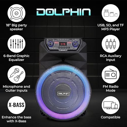 Dolphin Bluetooth Party Speaker with Wireless Microphone, 18" Woofer | 4500W Output, LED Lights, USB, SD, AUX & Guitar Inputs, 12V Input
