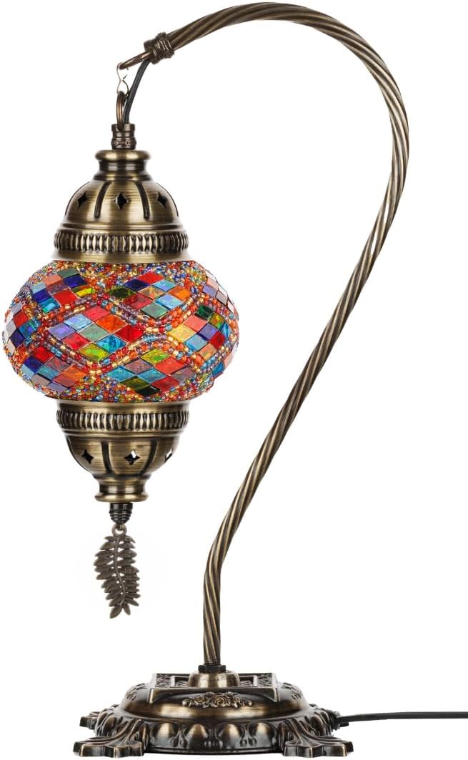 DEMMEX Turkish Table Lamp Moroccan Bedside Light Handmade Tiffany Mosaic Glass Boho Artisan Accent Lighting for Bedroom Living Room, Antique Brass Finish – 15" H, Multicolor