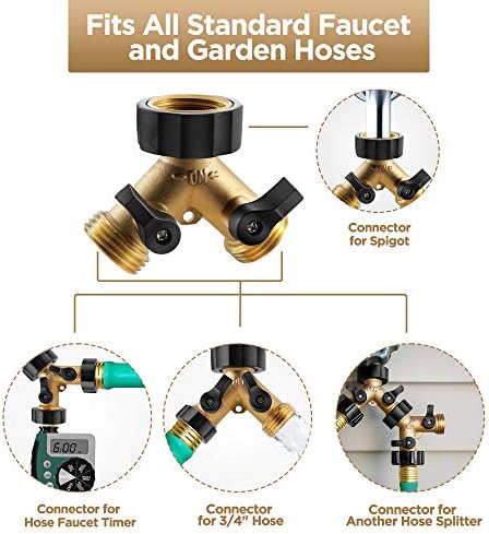 IPOW Brass Heavy Duty 2 Way Y Valve Garden Hose Splitter Adapter High Flow Spigot Splitter + 6 Rubber Hose Washers with Comfort Grip Use