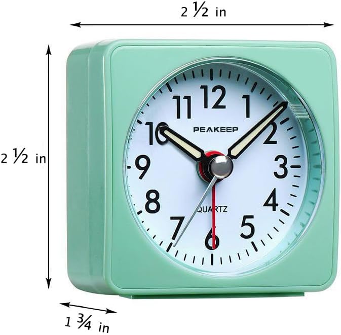 Peakeep Ultra Small, Battery Travel Alarm Clock with Snooze and Light | Silent No Ticking Analog Quartz Clock (Aquamarine)