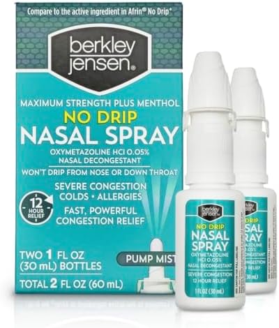 Berkley Jensen No Drip Severe Congestion Nasal Spray - Maximum Strength Decongestant with Oxymetazoline HCl & Menthol - Pump Mist Applicator, No Steroid, 12 Hour Relief, 1 Fluid Ounce (Pack of 3)