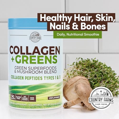 Country Farms Collagen Peptides Powder with Greens Dietary Powder Supplement (Type I, III) for Skin Hair Nail and Joints, Dairy/Sugar Free, Energizing Superfoods, Natural, 10.6 Oz 30 Servings