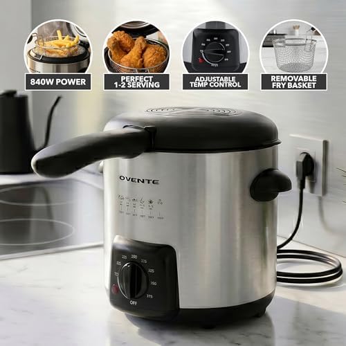 OVENTE Electric Deep Fryer, 0.9L Capacity, 840W, Silver FDM1091BR | Adjustable Temperature Knob, Locking Lid, Removable Frying Basket and Cool Touch Handle, Easy to Clean Stainless Steel Body