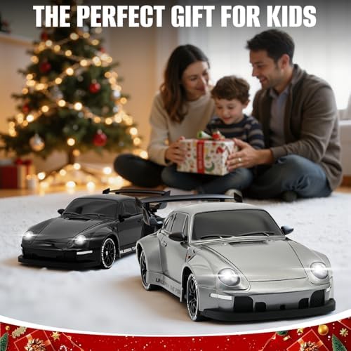 RC Drift Car,1:24 Scale Remote Control Car, 2.4GHz 20KM/H 4WD High Speed RC Cars for Kids with LED Light, Two Batteries,Drifting Tires,Racing Vehicle Toy for Adults Boys Girls Gray