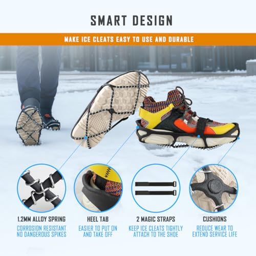 Anti-Slip Ice Cleats, Snow Grips, Crampons for Walking on Ice Snow | Ultra lightweight, Crack resistant High elasticity, for Hiking Fishing Running, with Storage Bag and 2 Straps