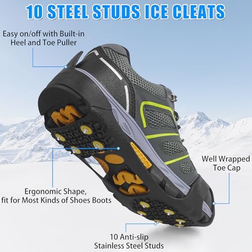 Ice Cleats for Shoes and Boots Men Women Winter Walking Ice Snow Cleats Anti Slip Snow Traction Shoes Crampons 10 Steel Studs Overshoe Slip-on