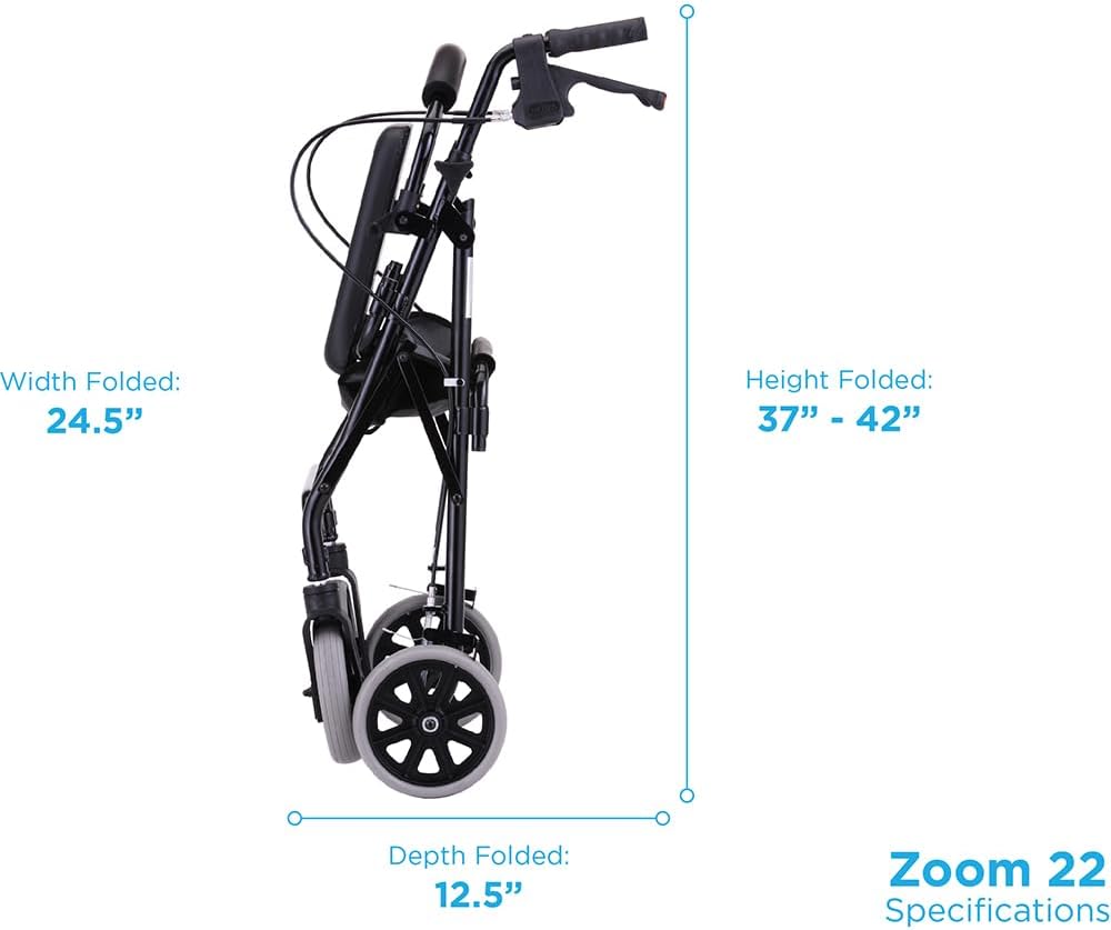 NOVA Zoom 22 Rollator Walker for Seniors, Rolling Walker with Locking Hand Brakes, Padded Seat & 8" Wheels, Lock N Load for Easy Transport & Storage, Adjustable Height 5'5"–6'1", Red