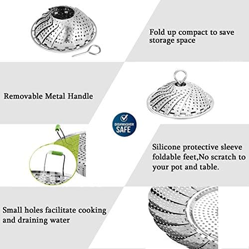 Steamer Basket Stainless Steel Vegetable Basket Metal Handle Folding Silicone Feet Steamer Insert for Cooking Veggies Fish Seafood Include Safety Tool