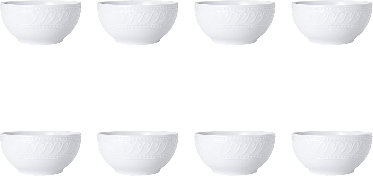 Pfaltzgraff Sylvia Dinnerware Set 32-Piece Service for 8 - White Porcelain Dinner Plates, Salad Plates, Soup Bowls and Mugs with Embossed Scrollwork
