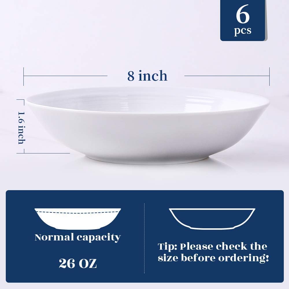 Y YHY 9" Pasta Bowls, 40oz Large Salad Bowls Set of 6, Wide Shallow Ceramic Bowls for Serving Soup, White Dinner Plates Set for Kitchen