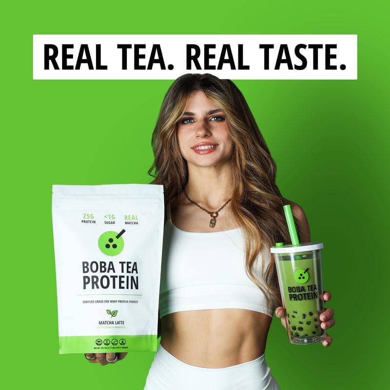 Boba Tea Protein Matcha Latte | 25g Grass-Fed Whey Protein Isolate Powder | Gluten-Free & Soy-Free Bubble Tea Protein Drink | Real Ingredients &