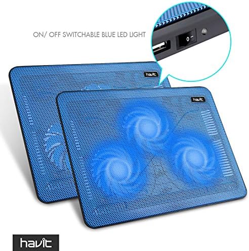 havit HV-F2056 15.6"-17" Laptop Cooler Cooling Pad - Slim Portable USB Powered (3 Fans), Black/Blue | Three quiet USB-powered fans circulate air below the laptop, two height settings improve viewing and typing comfort