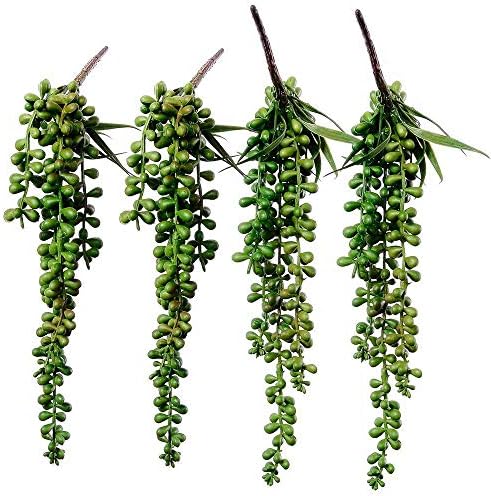 4 pcs Artificial Hanging Succulents Faux Burro's Tail Picks Trailing String of Pearls Succulent Fake Greenery Sprays 13.4" L for Basket Planter