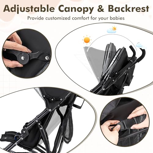 BABY JOY Double Umbrella Stroller, Lightweight Travel Side by Side Twin Stroller with Large Storage, Cup Holder, 5-Point Safety Harness, Adjustable Canopy & Compact Fold for Infant and Toddler (Black)