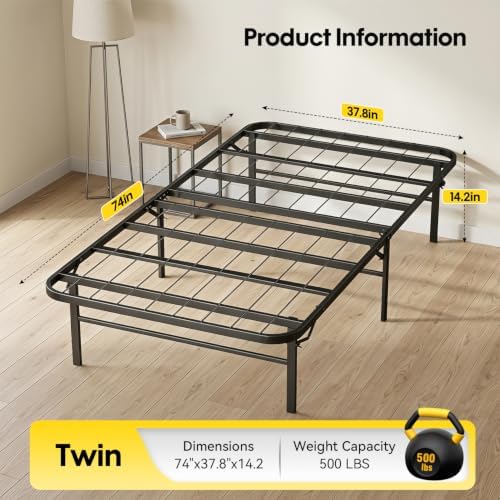 BestMassage | Twin Bed Frame | Metal | Heavy Duty Steel Slats with 6 Legs | Foldable | Sturdy, No Box Spring Needed | Easy to Assemble with Under-Bed Storage | Furniture for Home, Dorms
