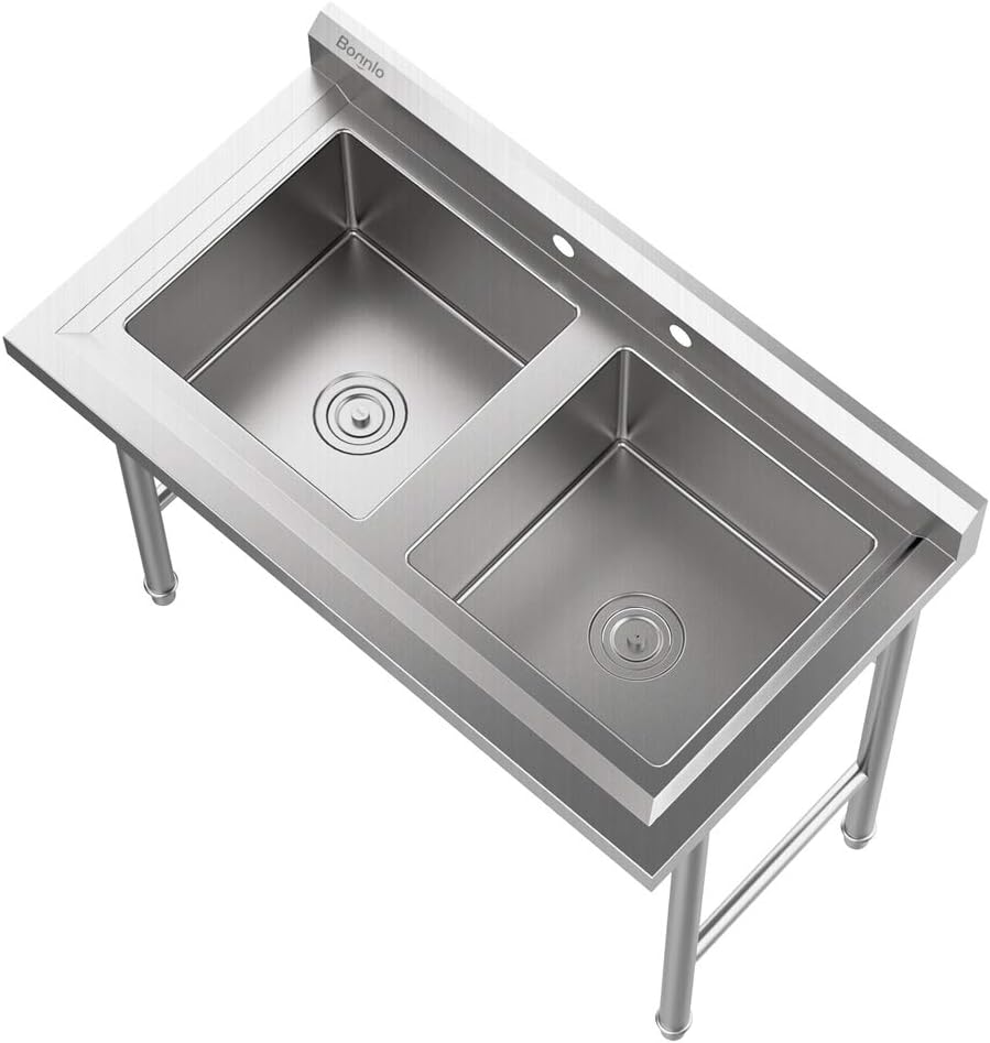 Bonnlo Commercial 304 Stainless Steel Sink 2 Compartment Free Standing Utility Sink for Garage, Restaurant, Kitchen, Laundry Room, Outdoor