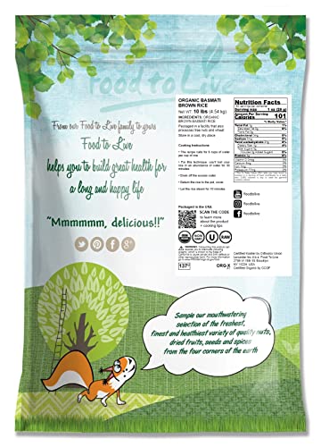 Food to Live Organic Brown Basmati Rice, 20 Pounds Non-GMO, Whole Long-Grain Rice Variety, Fragrant, Kosher, Vegan, Bulk. Less Starch Content. High in Dietary Fiber. Great for Making Stir-Fries