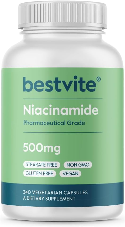 BESTVITE Filler-Free Niacinamide 500mg (240 Veg Caps) - Flush Free VIT B-3 | No Stearates - Vegan - Non GMO - Gluten Free - Non-Flushing Vitamin B3